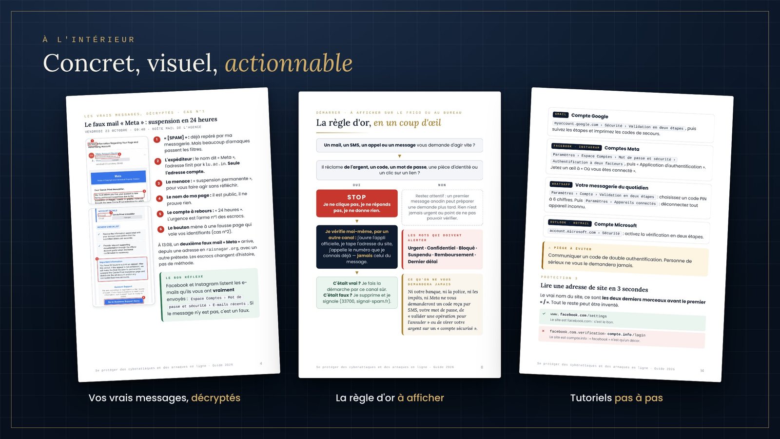Pages intérieures du guide : messages décryptés, règle d'or et tutoriels